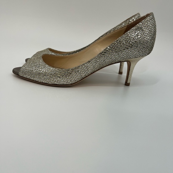 Jimmy Choo Isabel champagne/silver/gold glitter peep toe kitten heel size EU 38 - Picture 6 of 8